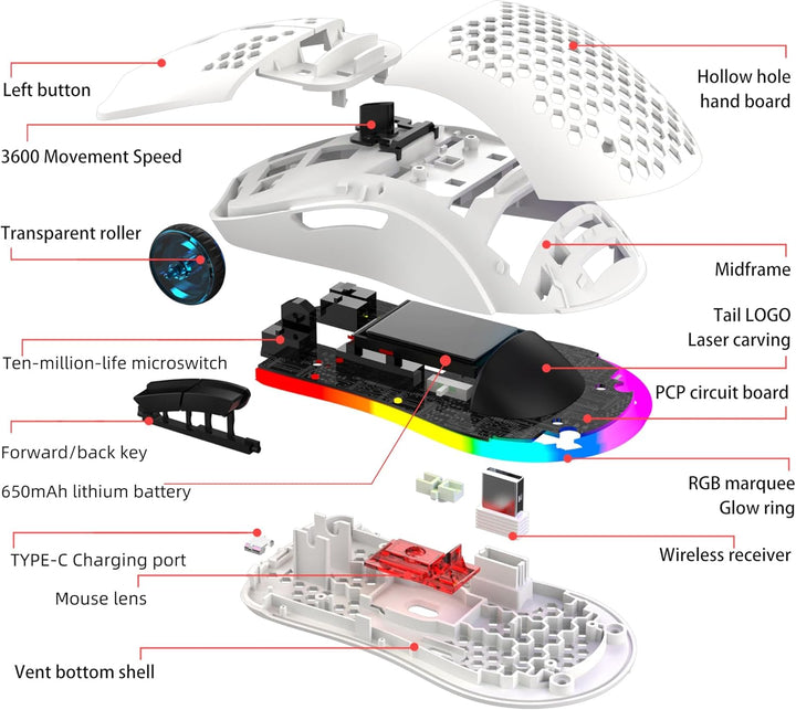 CROSS ZEBRA T66 PC Gaming Mouse, BT/2.4G Wireless/Wired, Lightweight Honeycomb Shell, Macro Program,