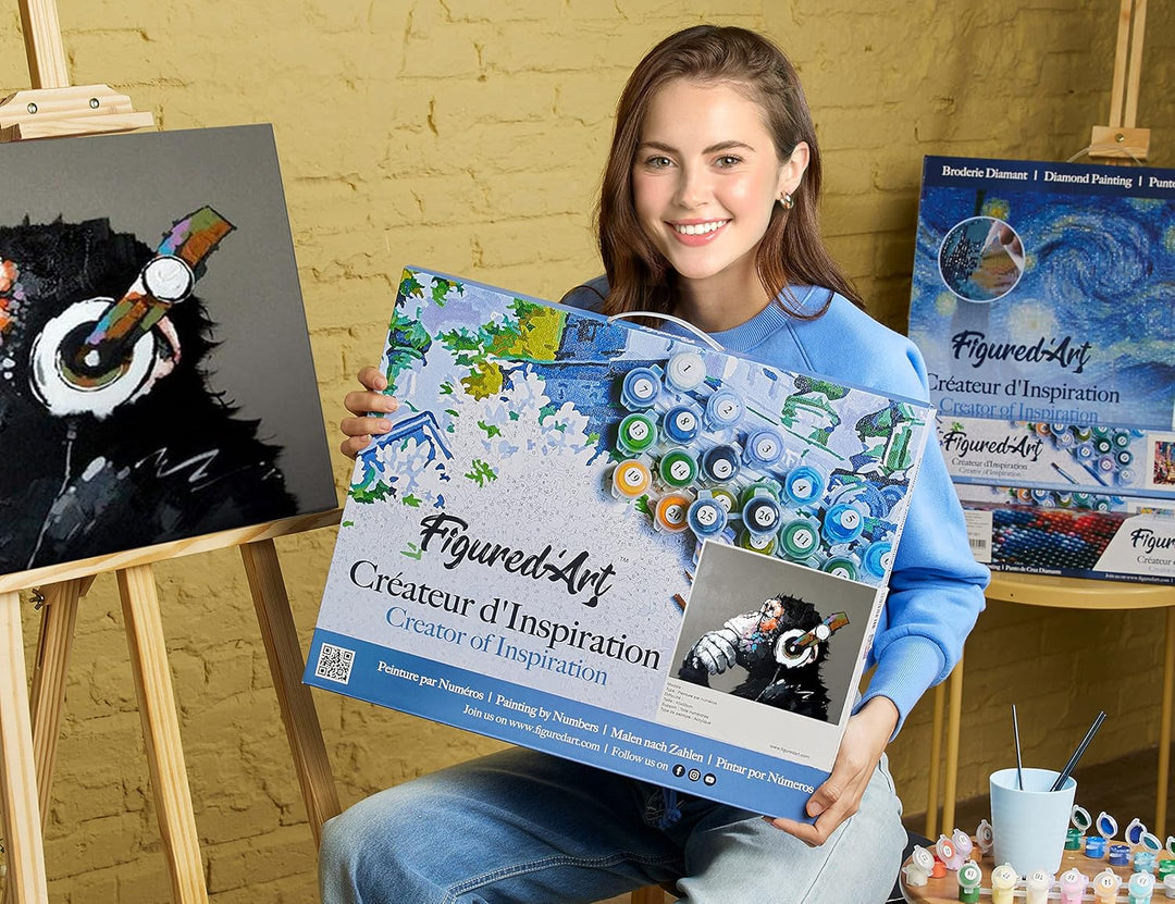 Figured'Art Malen Nach Zahlen Erwachsene Mit Rahmen Affe mit Kopfhörer - Paint by Numbers Basteln DI