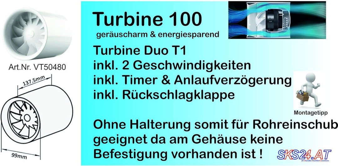 Rohreinschubventilator Soundless Turbine Duo - leise wie der Wind, stark wie eine Turbine (100mm mit