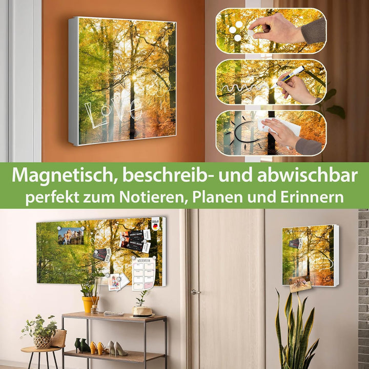 banjado® Grosser Schlüsselkasten Glas/Schlüsselbox 30cm x 30cm mit 50 Haken - Motiv Herbstwald/Schlü