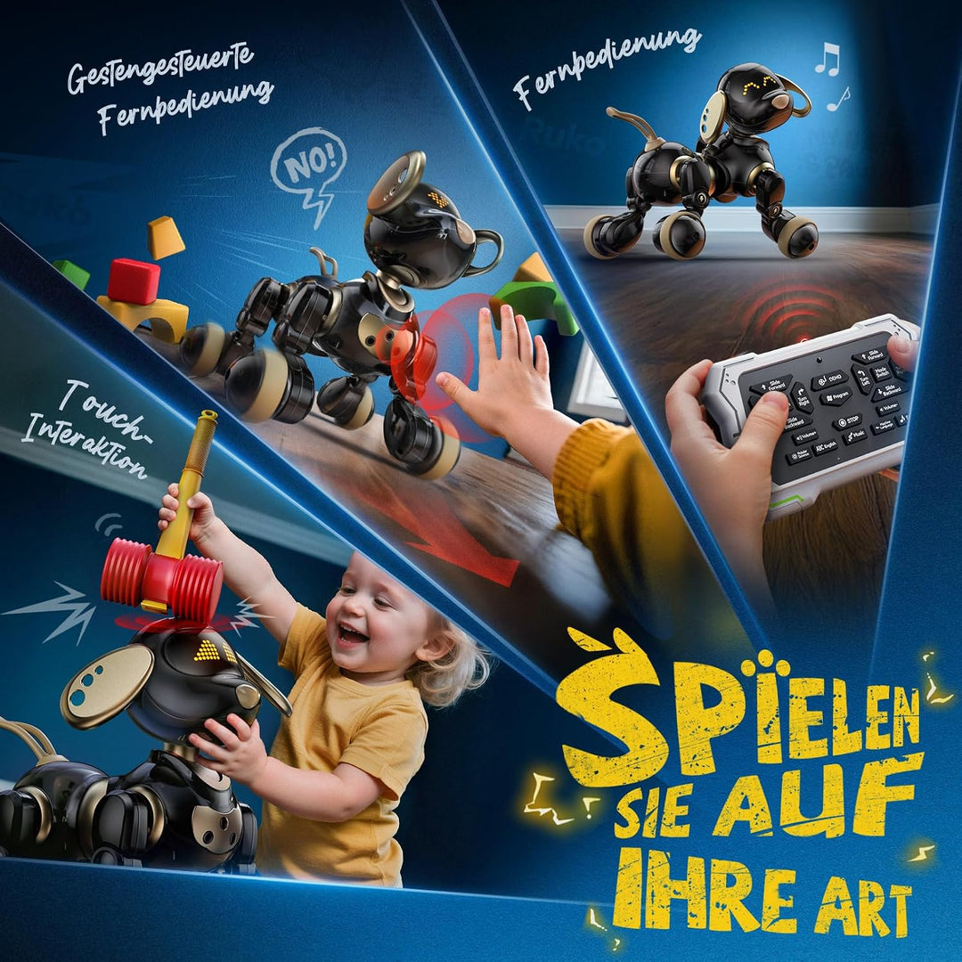 Ruko 18011 Roboter Robo Hund für Kinder, LED Ausdrücke, Schwarz Gold | programmierbar, 2,4 GHz Fernb