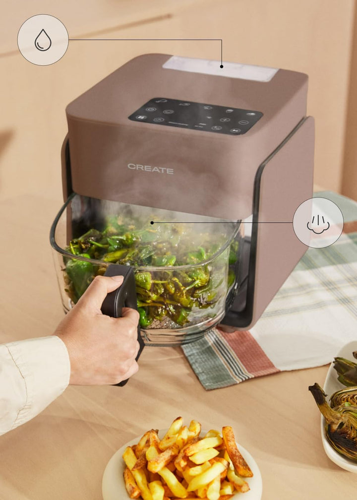 CREATE/AIR FRYER MIST/Ölfreie Heissluftfritteuse 4.2 L mit Wasserdampfgarer Mokka/Fassungsvermögen 5