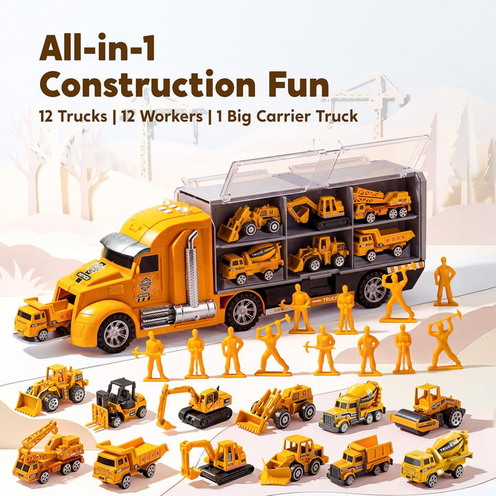 JOYIN 25-in-1-Spielzeugset aus Druckguss-Baufahrzeugen (einschliesslich Transporter, Bagger, Kipper,