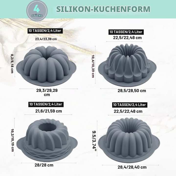 Tongjude 4 Stück Silikon Riffelkuchenformen, 10 Tassen Rohr Backform, Antihaft-Küche Ofen Backformen