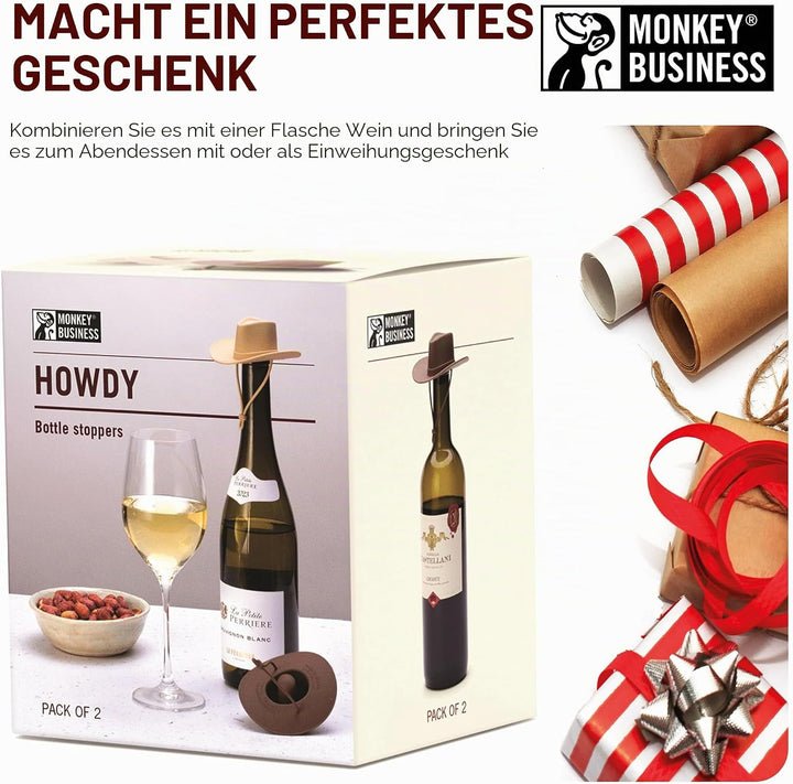 Monkey Business Howdy Weinstopfen mit Cowboyhut, lustiger Silikon-Flaschenverschluss, hält Wein fris