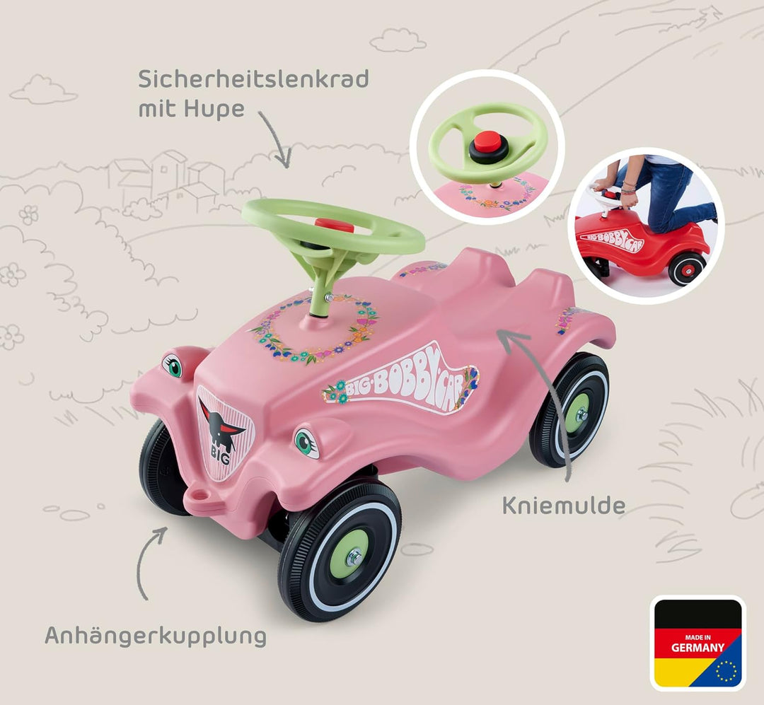 BIG-Bobby-Car Classic Flower - Kinderfahrzeug mit Blumenaufklebern für Jungen und Mädchen, belastbar