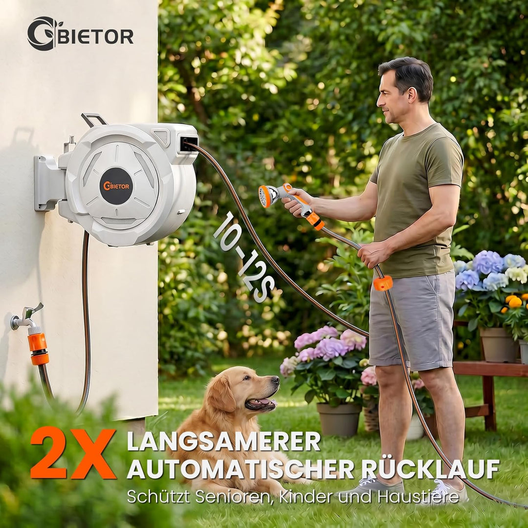 Schlauchtrommel Wasser 30m + 2m, 180° Schwenkbar Wand-Schlauchbox, Automatischer Gartenschlauch trom