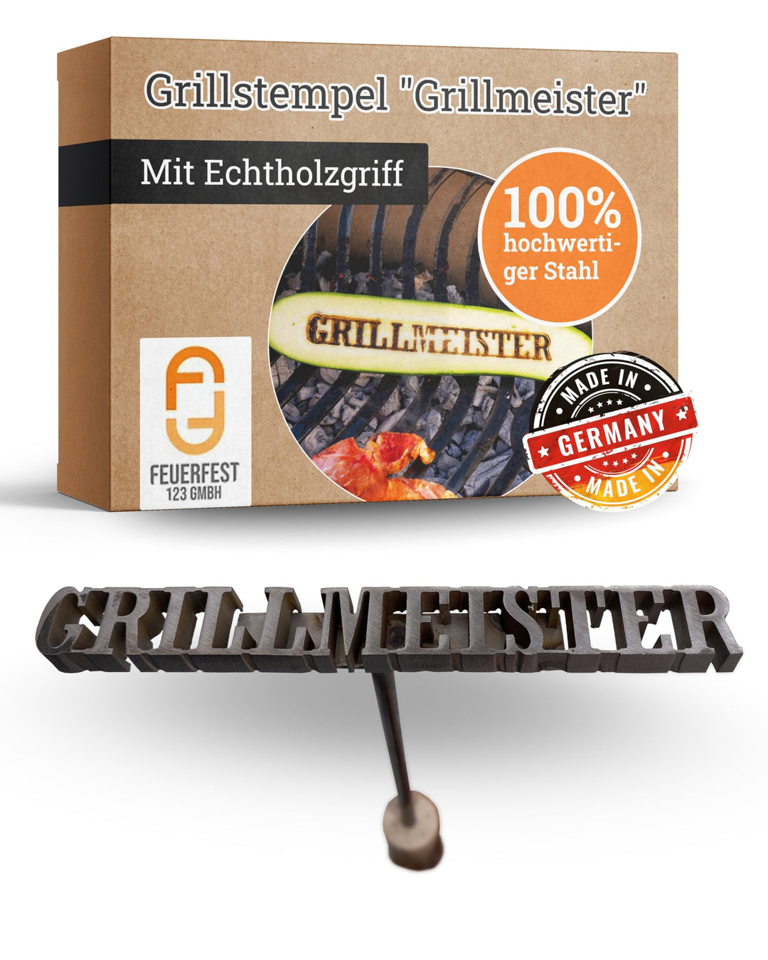 Feuerfest 123 Brennstempel mit Grillmeister-Motiv I 16,3 x 1,9 x 35 cm I Grill-Stempel aus robustem
