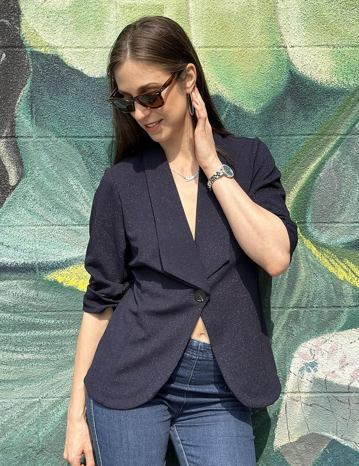 Zeagoo Damen Blazer Elegant 3/4 Arm Business Longblazer Slim Fit Revers Sakko Casual für Arbeit Anzu