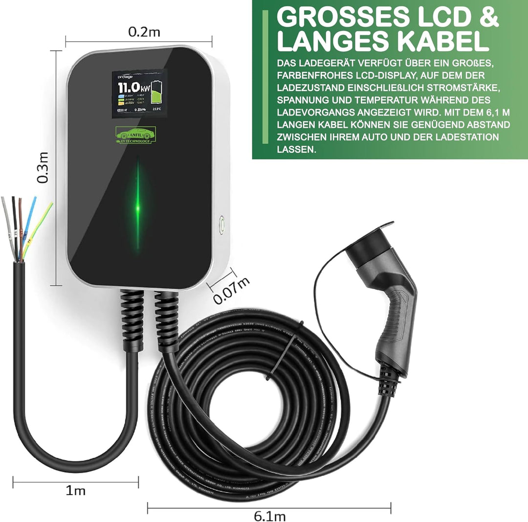 ANFIL Dreiphasen - EV Ladestation - EU-Standard-Ladegerät, IEC 62196-2 - mit 6,1m Ladekabel Typ 2 St