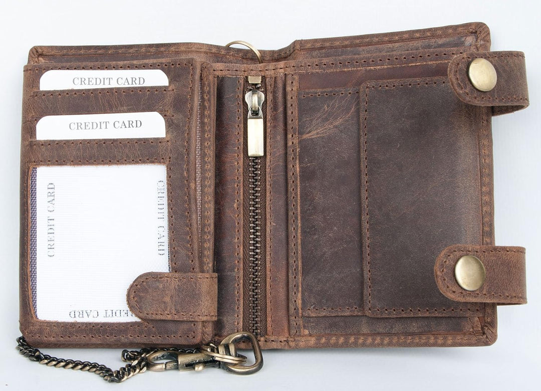 FLW Herren Brieftasche aus echtem Leder mit Kette und zwei Schnallen