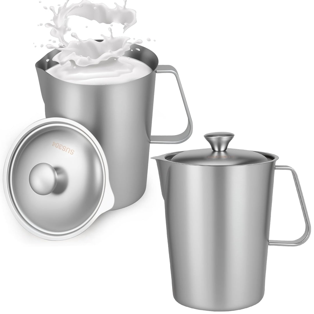 2L Milchkännchen Edelstahl,Handheld Milchschaumkännchen,Milchaufschäumkrug mit Deckel und Markierung