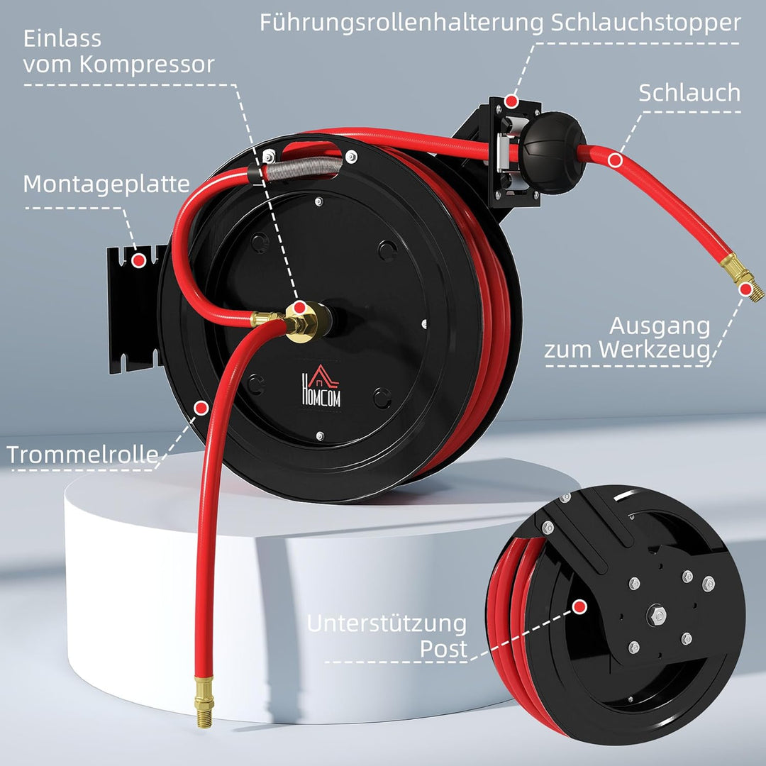 HOMCOM Automatik Druckluftschlauchtrommel 15m+1m Druckluftschlauch mit 1/4' Anschluss, 9,5 x 15,8 mm