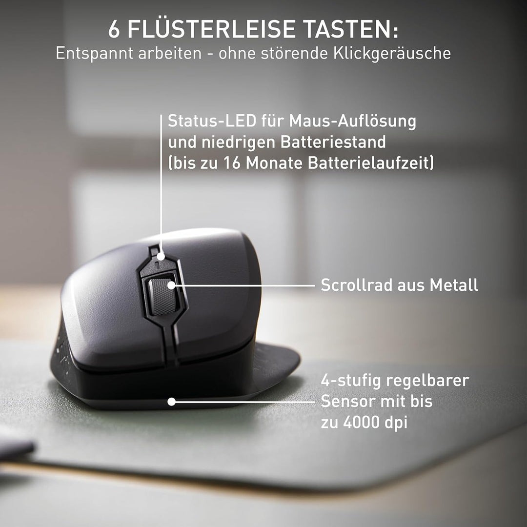 CHERRY STREAM MOUSE COMFORT, Kabellose Ergonomische Maus mit Gummierter Daumenauflage, Speziell für