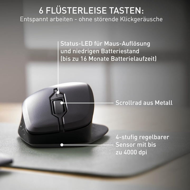 CHERRY STREAM MOUSE COMFORT, Kabellose Ergonomische Maus mit Gummierter Daumenauflage, Speziell für