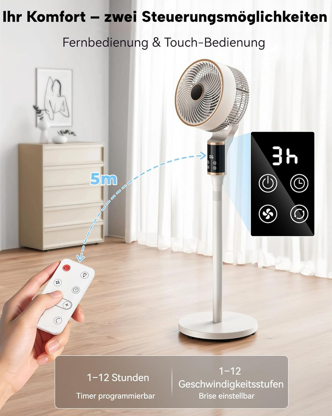 Leiser Turmventilator 101cm mit 3D-Oszillation, 12 Geschwindigkeiten, 12H Timer & Fernbedienung – en