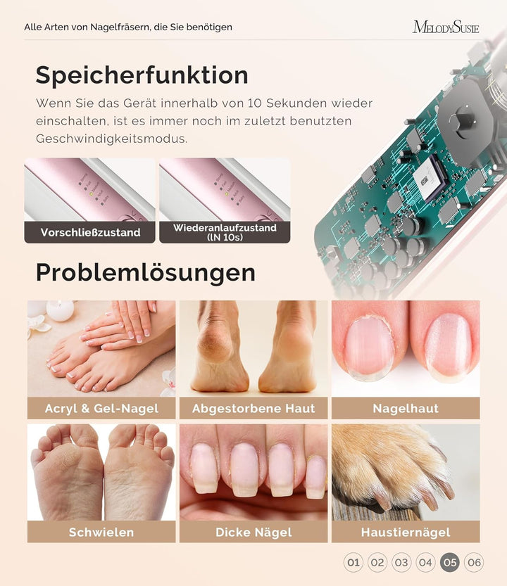 MelodySusie Professionelles Pediküre Set, PC760G 8 in 1 Elektrischer Nagelfräser mit 5 Geschwindigke