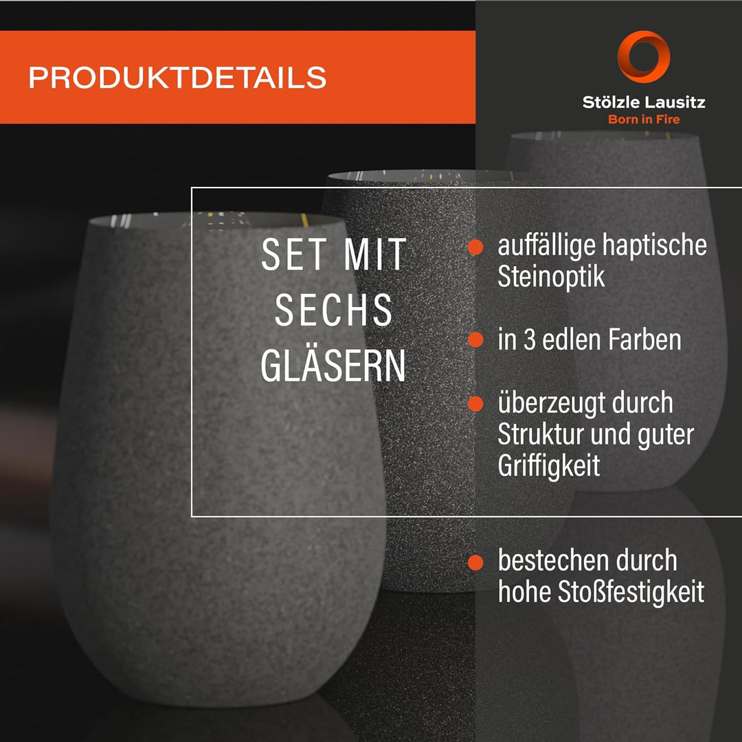 Stölzle Lausitz Longdrinkbecher Stones Basalt / 6er Set Trinkgläser/Cocktailgläser/hochwertiges Long