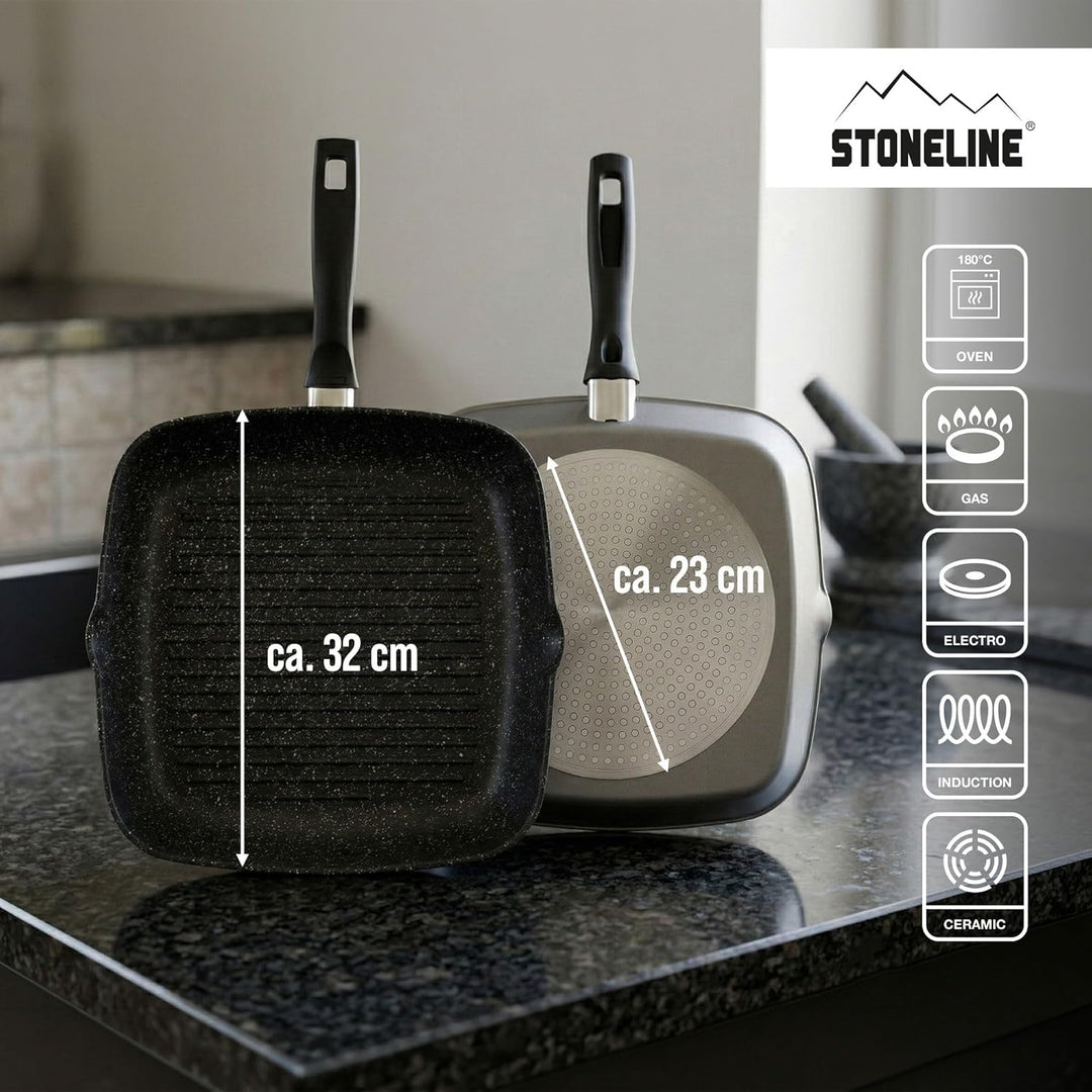 STONELINE Grillpfanne, Ø 32 x 32 cm, Aluguss, Grillpfanne beschichtet mit echten Steinpartikeln, gra