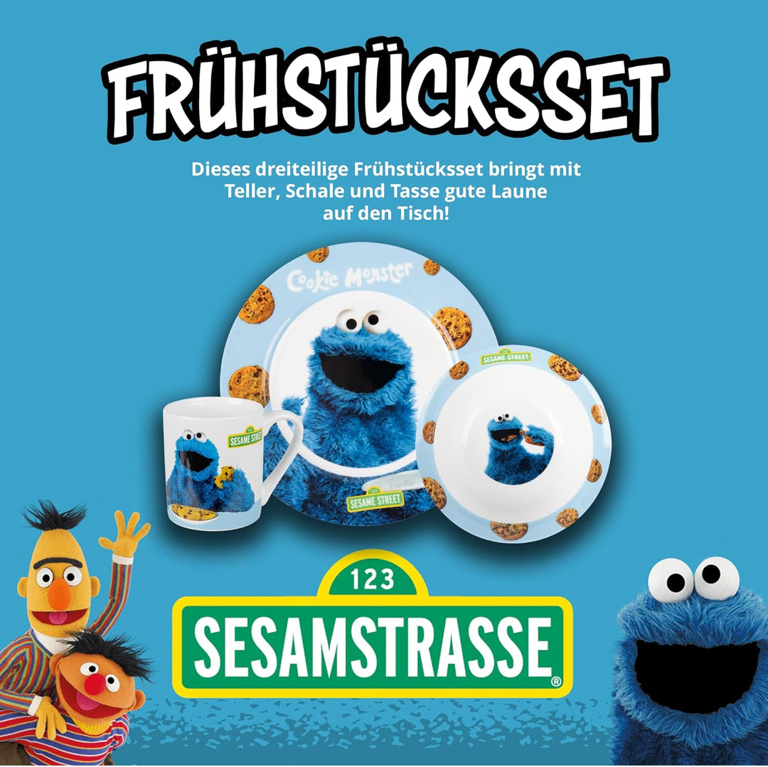 United Labels Krümelmonster Frühstücksset Kinder, mit Krümelmonster und Keksen, Geschirr Set Porzell