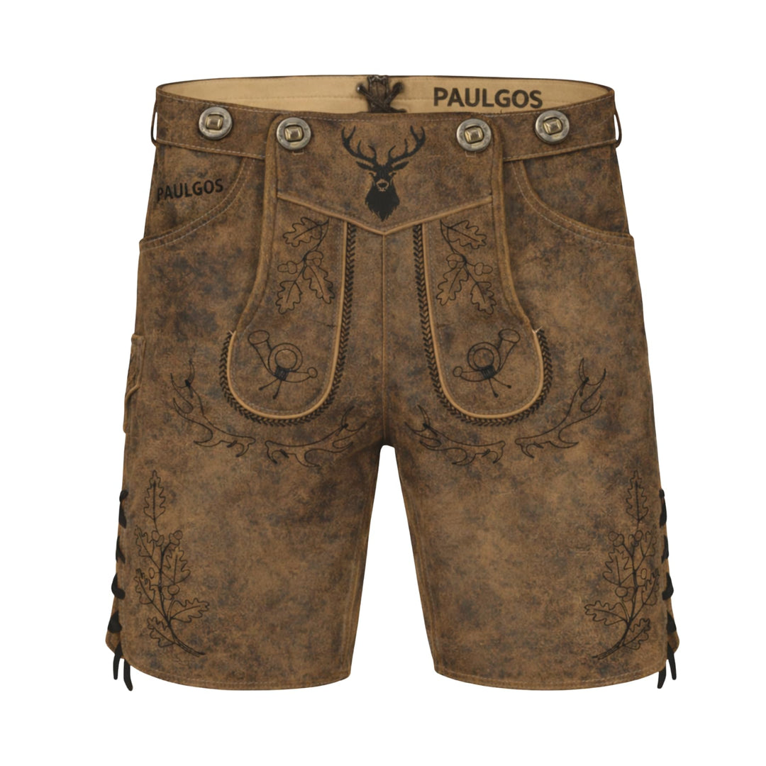PAULGOS Herren Trachten Lederhose HK5-ANTIK + Träger, Echtes Leder, Gr. 44-60 44 Whiskybraun, 44 Whi