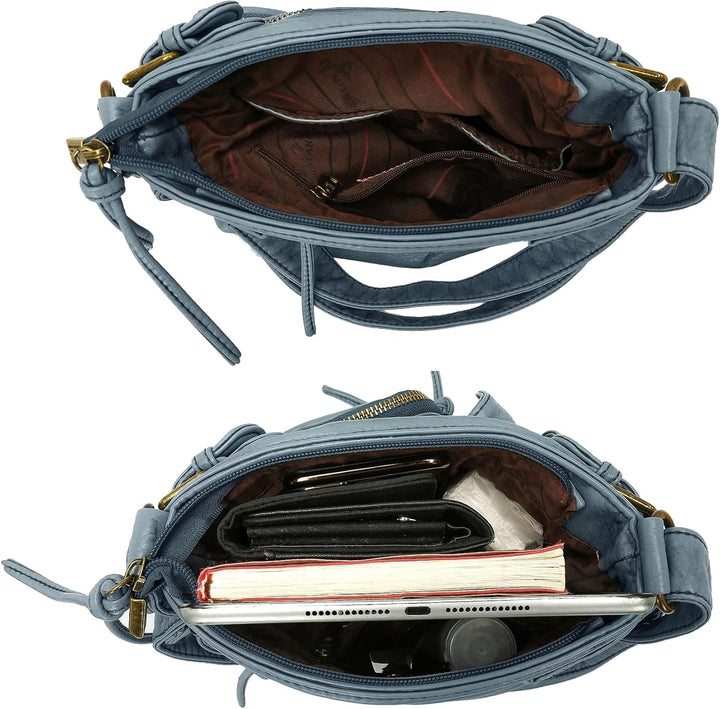 Montana West Damen Echtes Leder Tragetasche, Klassisch-blaue Jeans