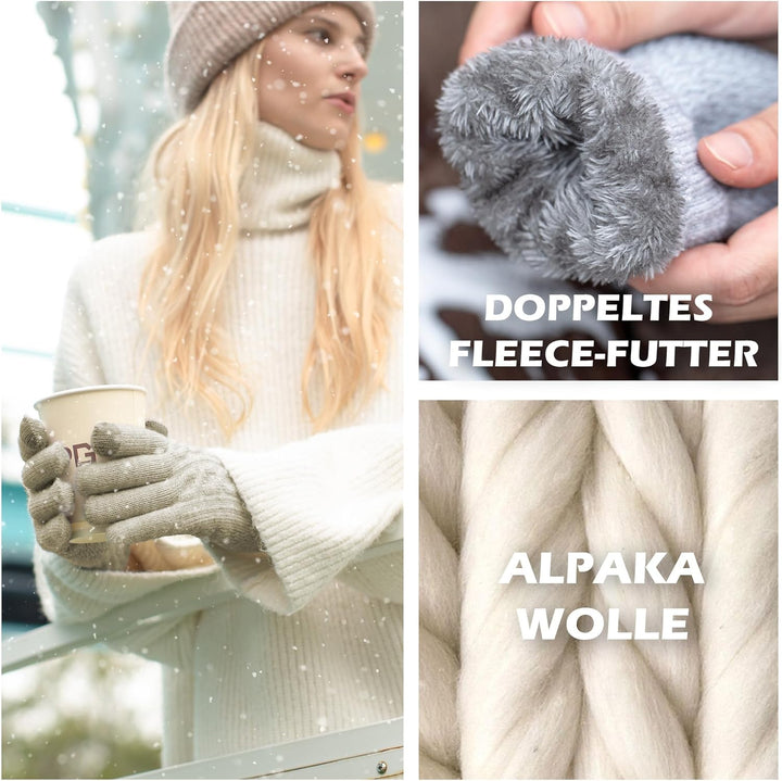 Alpaka Handschuhe Damen Fleece Doppelfutter & Touchscreen - Thermo Winterhandschuhe mit Anti-Rutsch