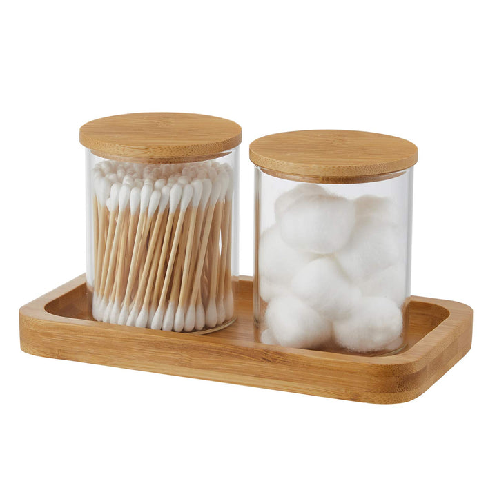 YININE Glas Qtip Halter Badezimmer-Gläser mit Schminktablett, Apotheker-Gläser Badezimmer-Behälter Q