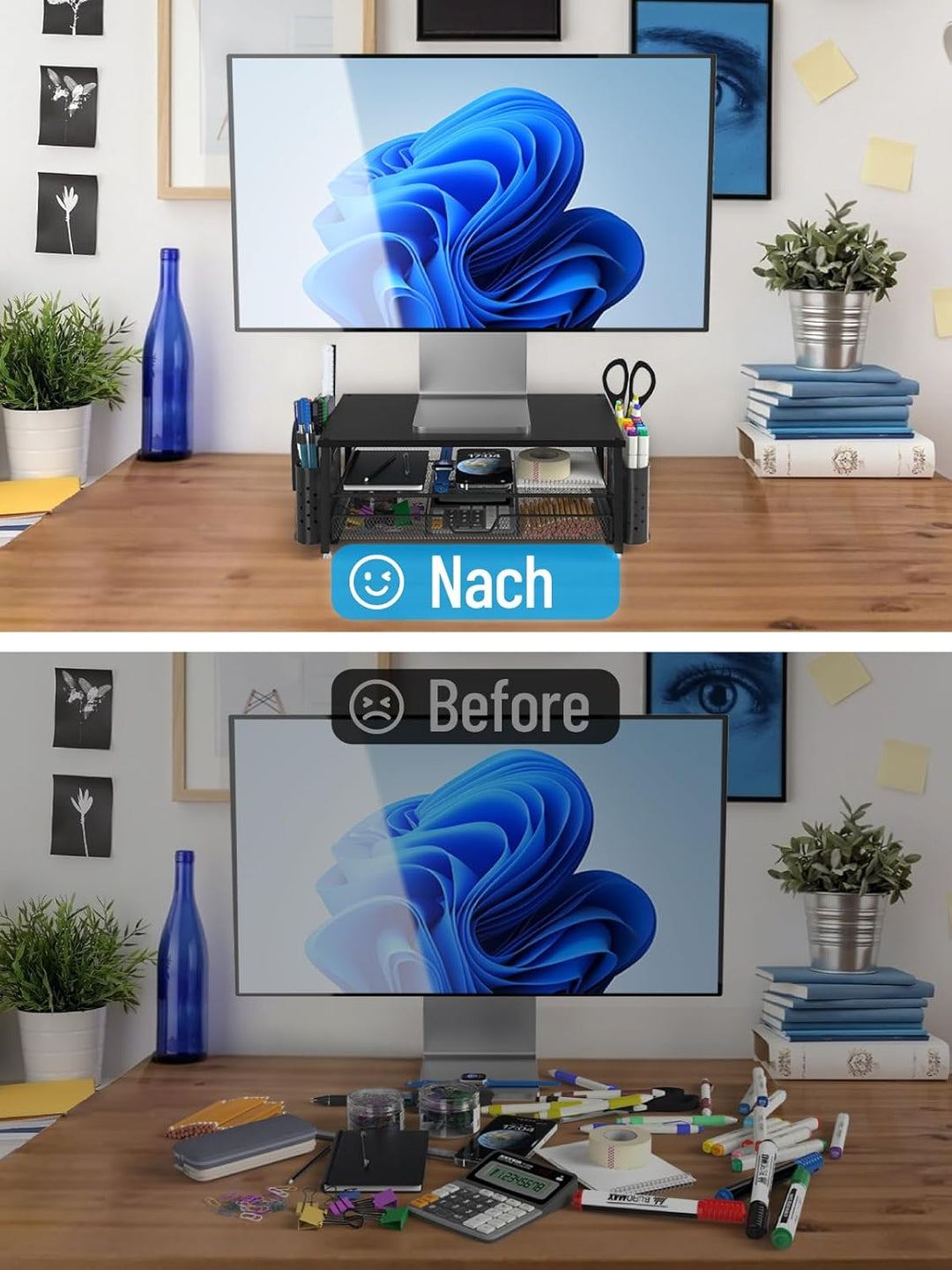 Monitor Ständer mit 2 Ebenen,Druckerständer, Monitorständer mit Gitterplattform, Schublade und Stift