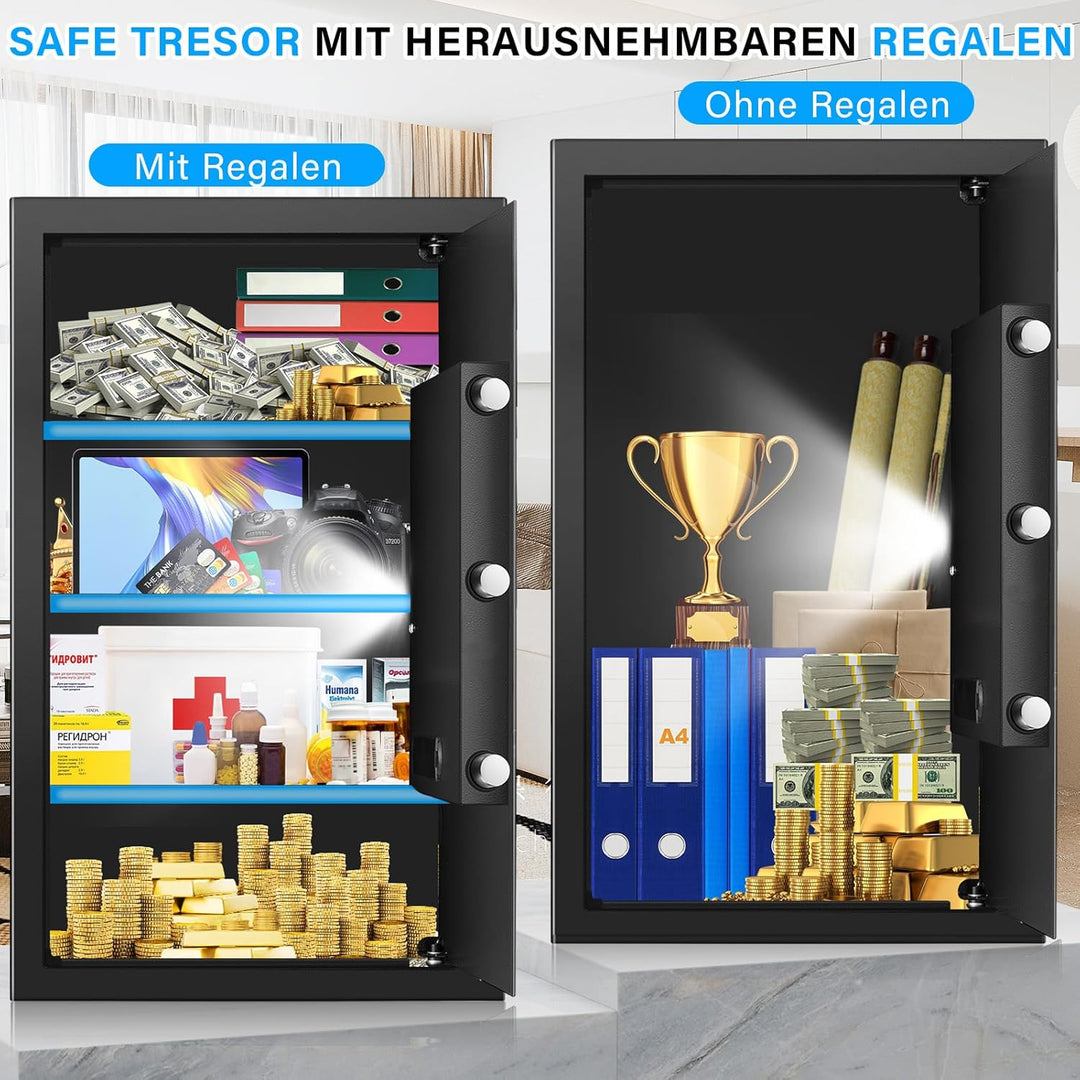 80L Tresor mit Feuerfester Dokumententasche, Feuerfest Safe Tresor mit Zahlenschloss, Ersatzschlüsse