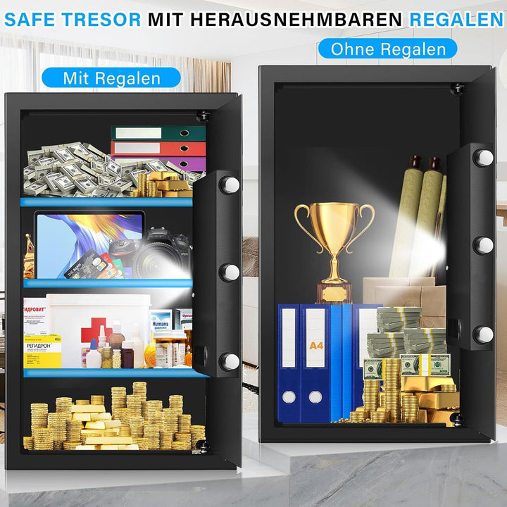 80L Tresor mit Feuerfester Dokumententasche, Feuerfest Safe Tresor mit Zahlenschloss, Ersatzschlüsse