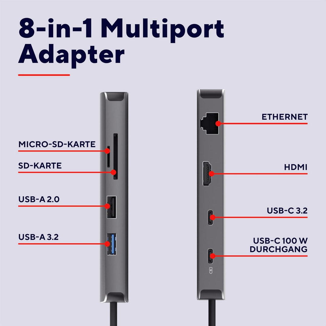 Trust Vylor 8-in-1 USB C Hub Multiport Adapter mit HDMI 4k60Hz, Gigabit Ethernet, MicroSD/SD Kartenl
