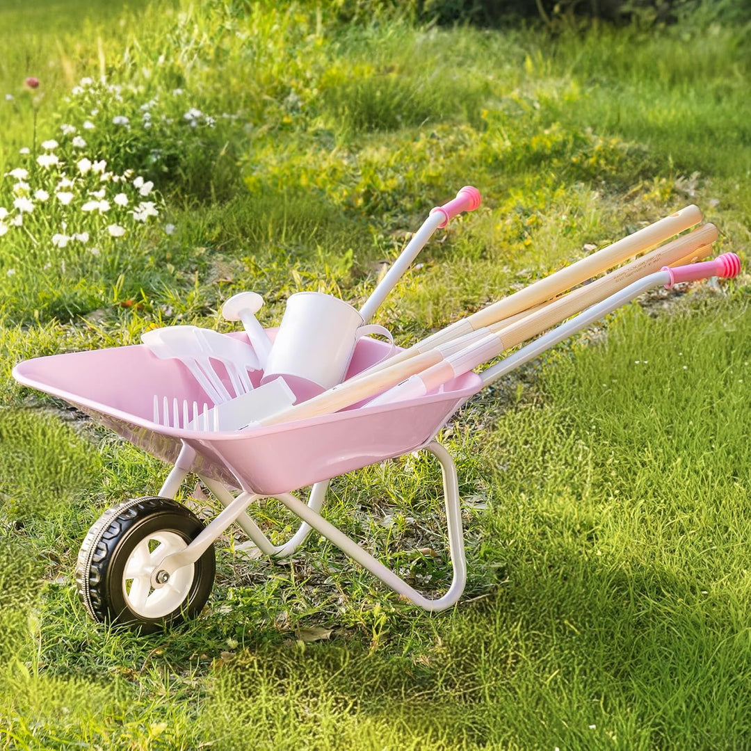 ROBUD Kinderschubkarre Metall mit Gartengeräte Set, 6-teilig Kinderschubkarre mit Langer Schaufel, R