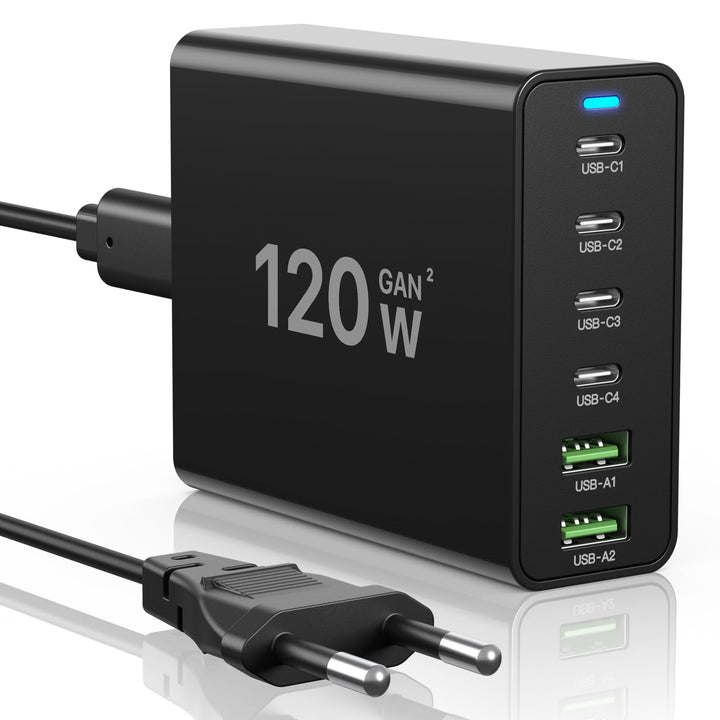 USB C Ladegerät 120W GaN，Mehrfach USB Ladegerät【4USB-C + 2USB-A】 PD Ladegerät, 6-Port Ladestation Ko