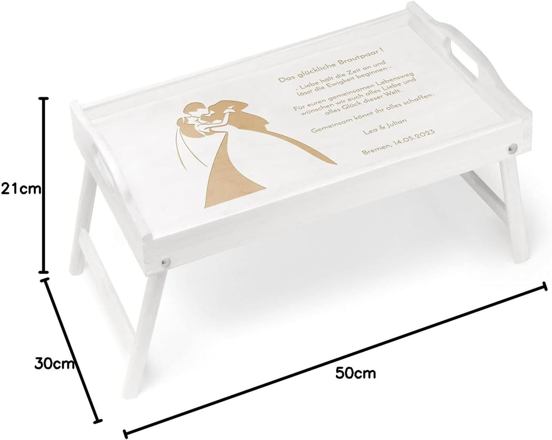 Maverton Frühstückstablett mit Gravur - für Zwei - Betttisch mit Griffen - klappbare Beine - Weiss -