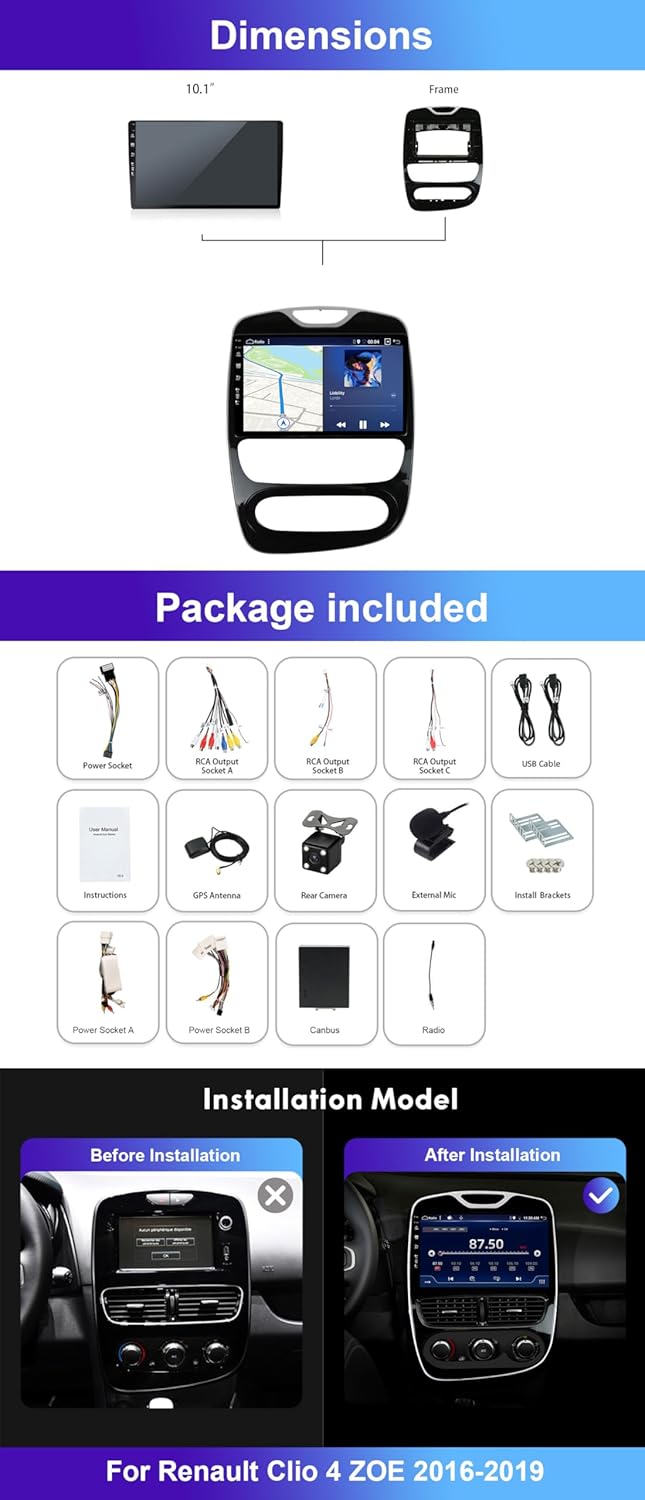 Doppel-Din-Android 12-Autoradio für Renault Clio 4 ZOE 2016-2019 GPS Navi | Kostenlose Rückfahrkamer