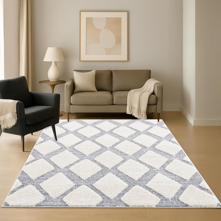payé Teppich Wohnzimmer Hochflor - Boho - Skandinavisch - 120x170cm - Pastell Creme Grau - Raute Mus
