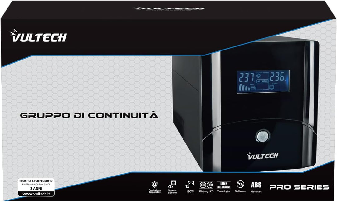 Vultech UPS2000VA-PRO Line Interactive Unterbrechungsfreie Stromversorgung mit LCD, Schwarz [Italien