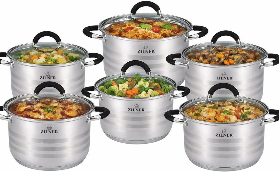Topfset 12-teilig, Edelstahl, 6 Töpfe 2,1–6,5 L, Glasdeckel, Silber | Kochtopf Set für Induktion, Ga