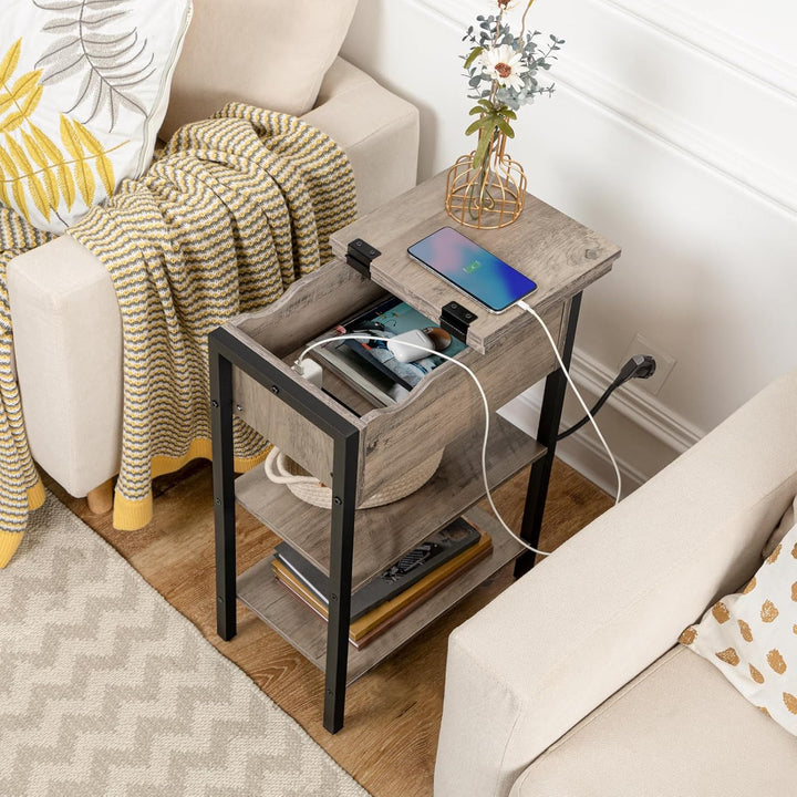 HOOBRO Beistelltisch, Flip-Top Sofatisch mit Ladestation und Ablagefläche, Schmaler Nachttisch für k