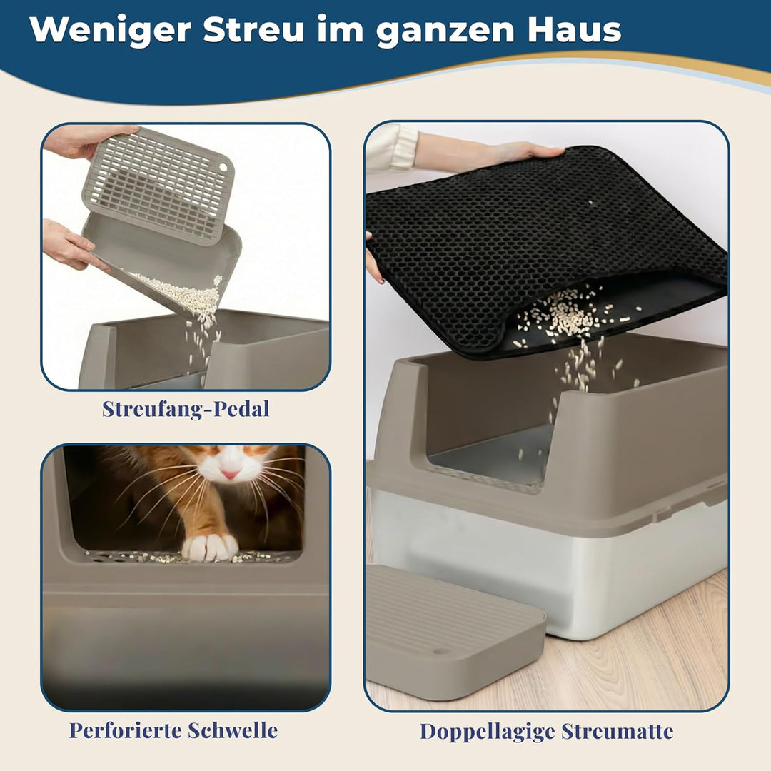 Katzenklo Edelstahl mit Deckel XXL – Geschlossene Katzentoilette mit 2 Eingängen, Trittstufe, Schauf
