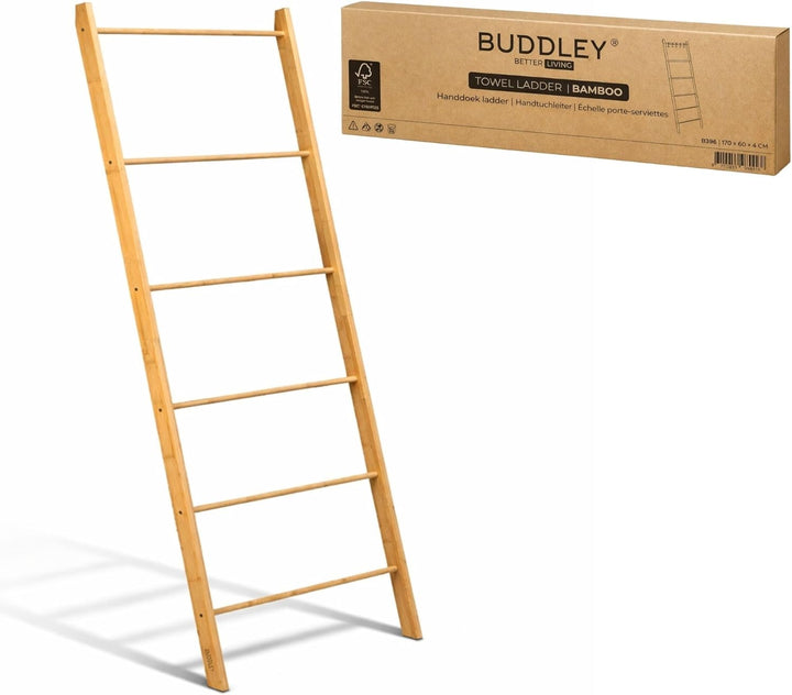 BUDDLEY Handtuchleiter - Bambus - extra breit - Deko-Leiter - Wäscheleiter - Leiterregal - Kleidung