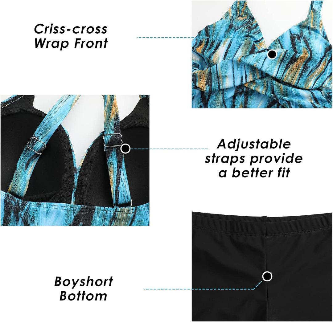 Adigaber Damen zweiteilig Badeanzug Push up Bademoden bauchweg Tankini Set mit Hot Pants Drucken Bad