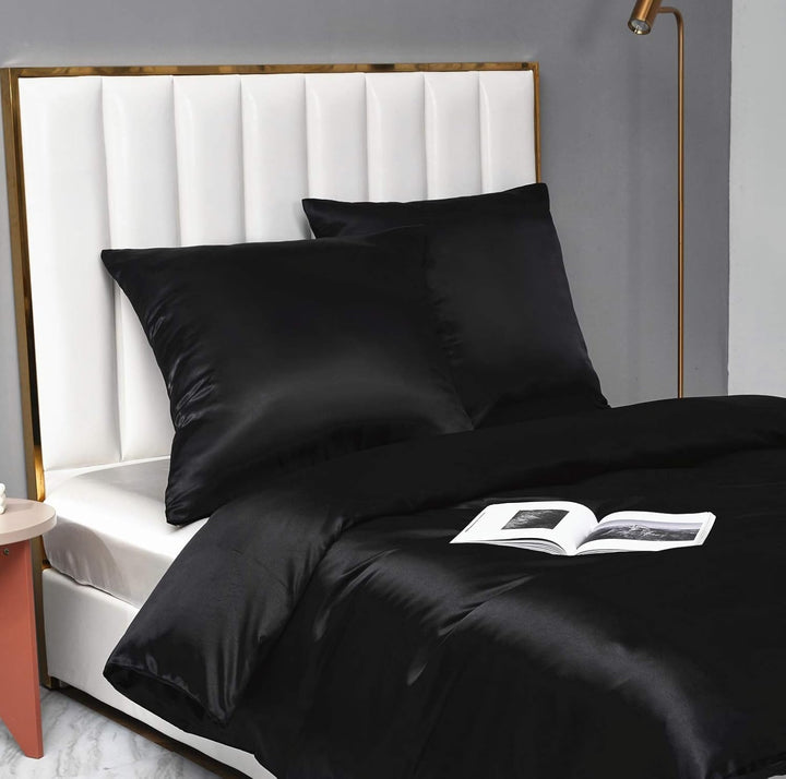 Damier Satin Bettwäsche 200x220cm Schwarz Uni Einfarbig Hochwertiges Satin Bettbezug Set 3 Teilig De