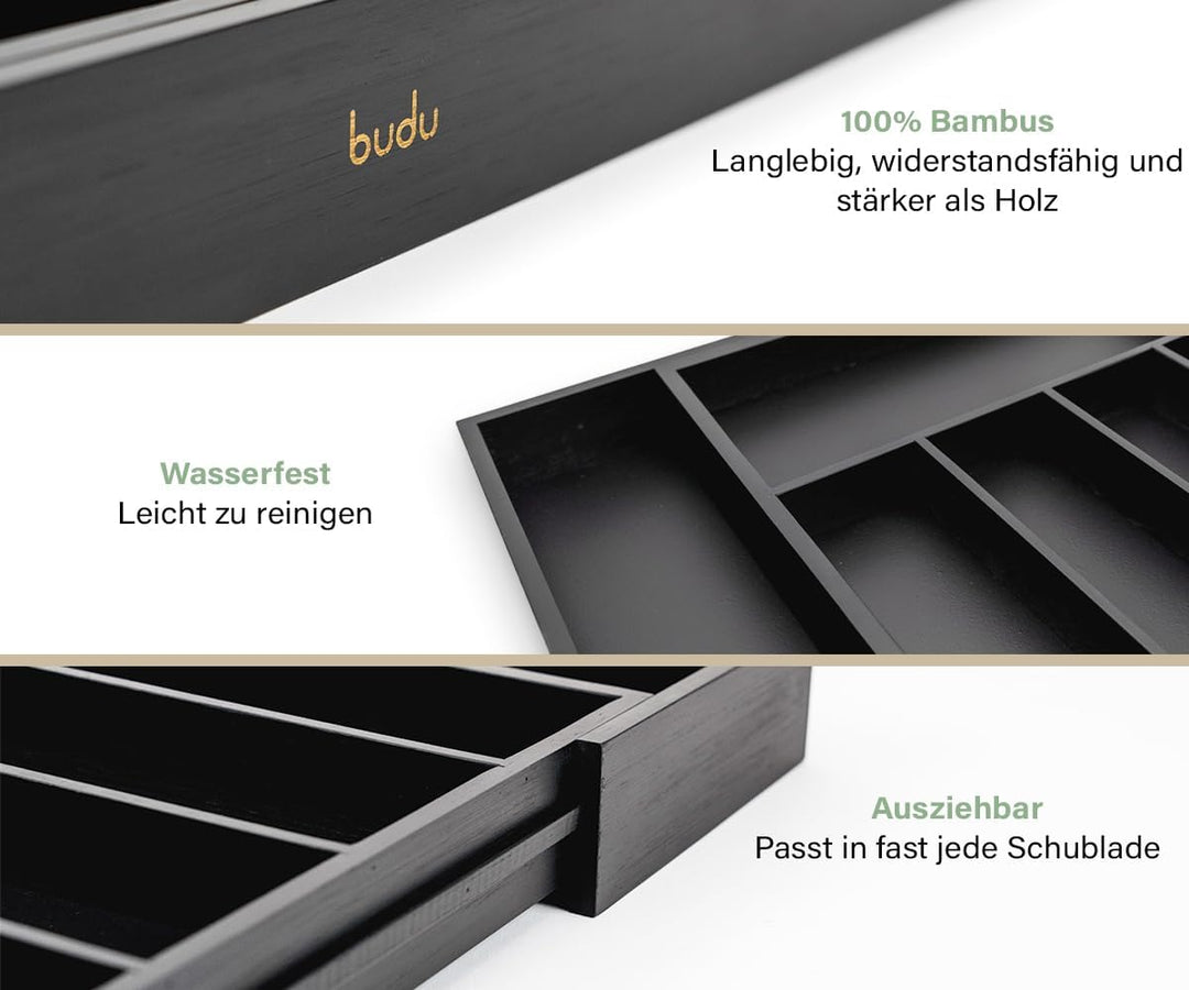 budu Besteckkasten #38 (Tiefe 38cm) aus Bambus - Schwarz - Schubladen Ordnungssystem für die Küche -