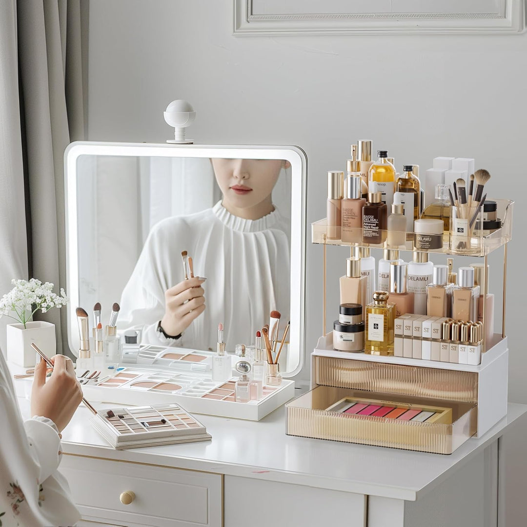 Delamu Make Up Organizer mit 2 Schubladen, 2 Etagen Kosmetik Organizer, Multifunktions Grösser Kosme