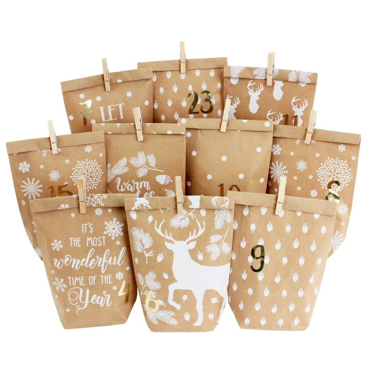 Papierdrachen Adventskalender 2025 zum Befüllen - 24 bedruckte Papiertüten mit Zahlenaufklebern & Kl