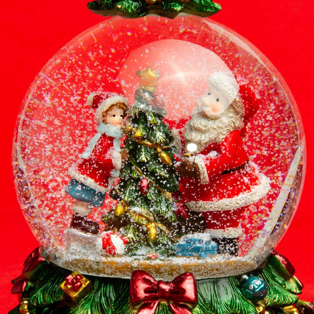 SIKORA SK18 Grosse Deko Glas Schneekugel Weihnachtsmann am Baum mit Stern und fahrendem Zug D:100mm