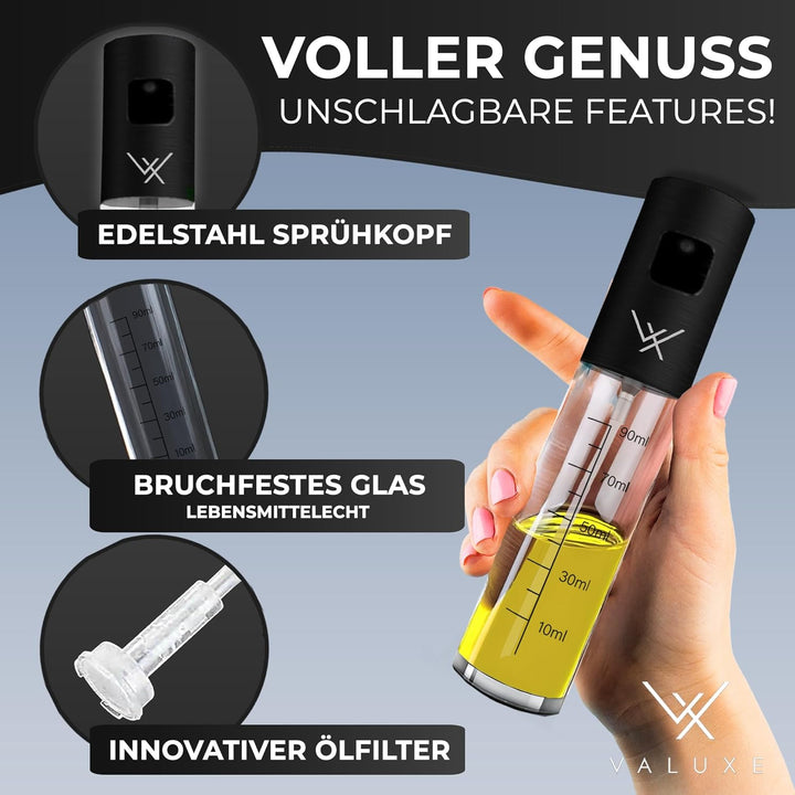 VALUXE® Ölsprüher [BLACK ORIGINAL] - Extrem präzise Öl-Sprühflasche aus Edelstahl und Glas - Multifu