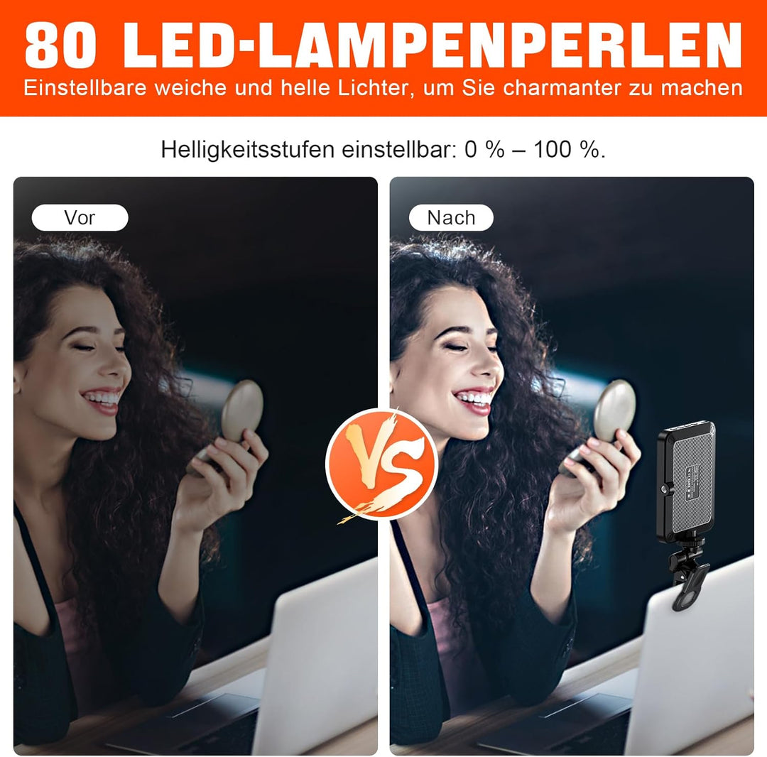 Selfie Licht, 80 LED Videolicht 3000-6500K 3 Lichtmodi 10 Helligkeiten CRI95+, 3000 mAh Akku Handy L